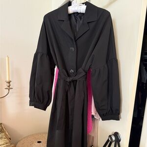 Black Button-Up Coat with Belt and puff sleeves